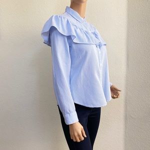 Gap White Blue Striped Long Sleeves Ruffle Blouse.